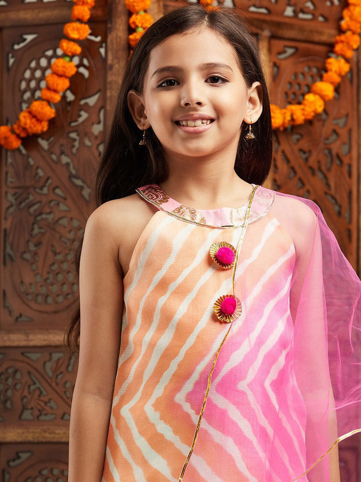 pspeaches Girls Leheriya Printed Kurti with Sharara & Dupatta