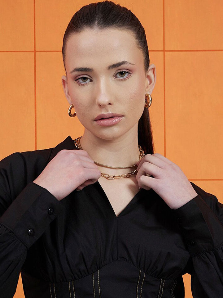 STREET 9 Black Shirt Collar Cuffed Sleeves Pure Cotton Crop Empire Top