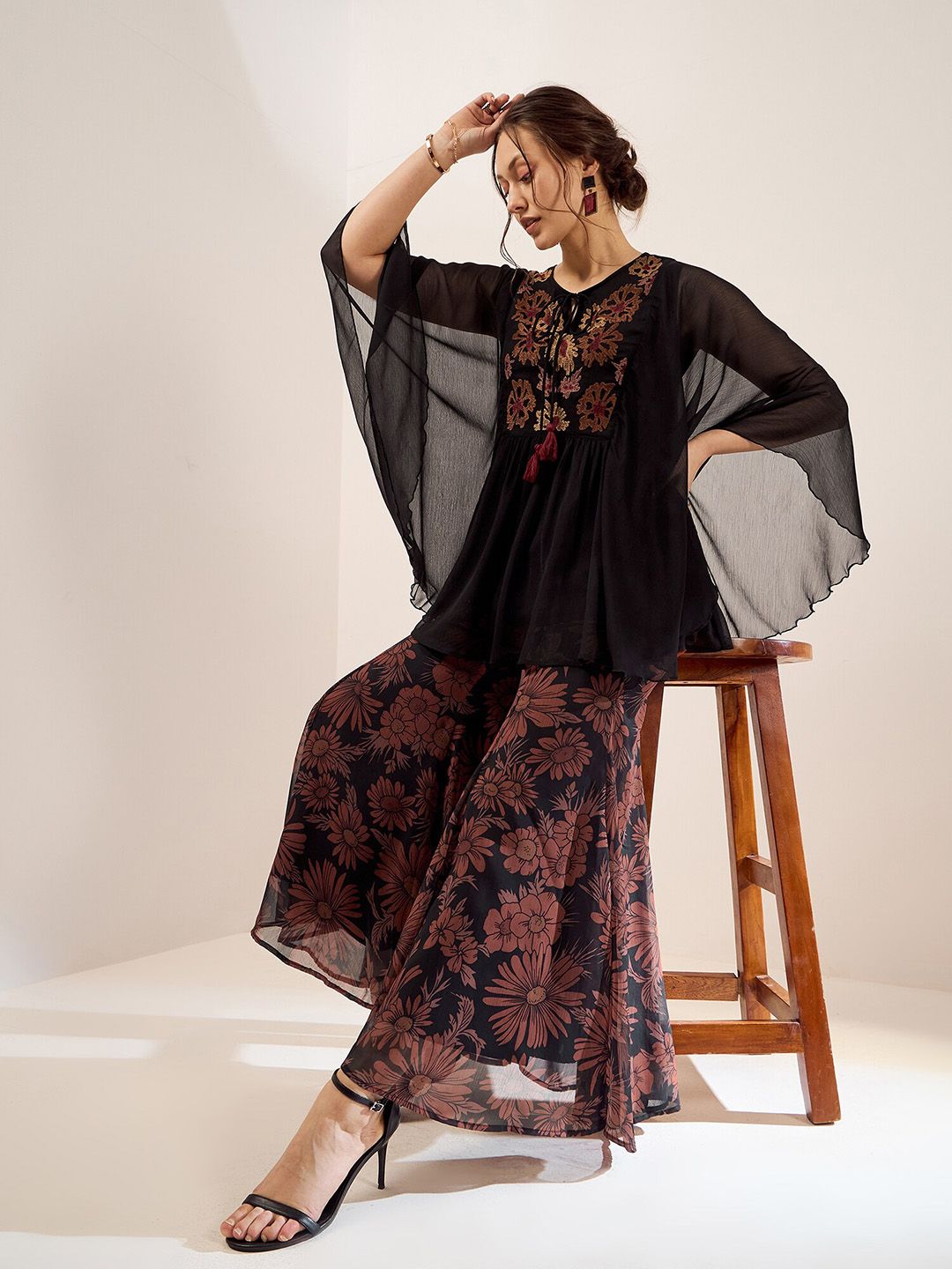 Antheaa Black Embroidered Top With Palazzo