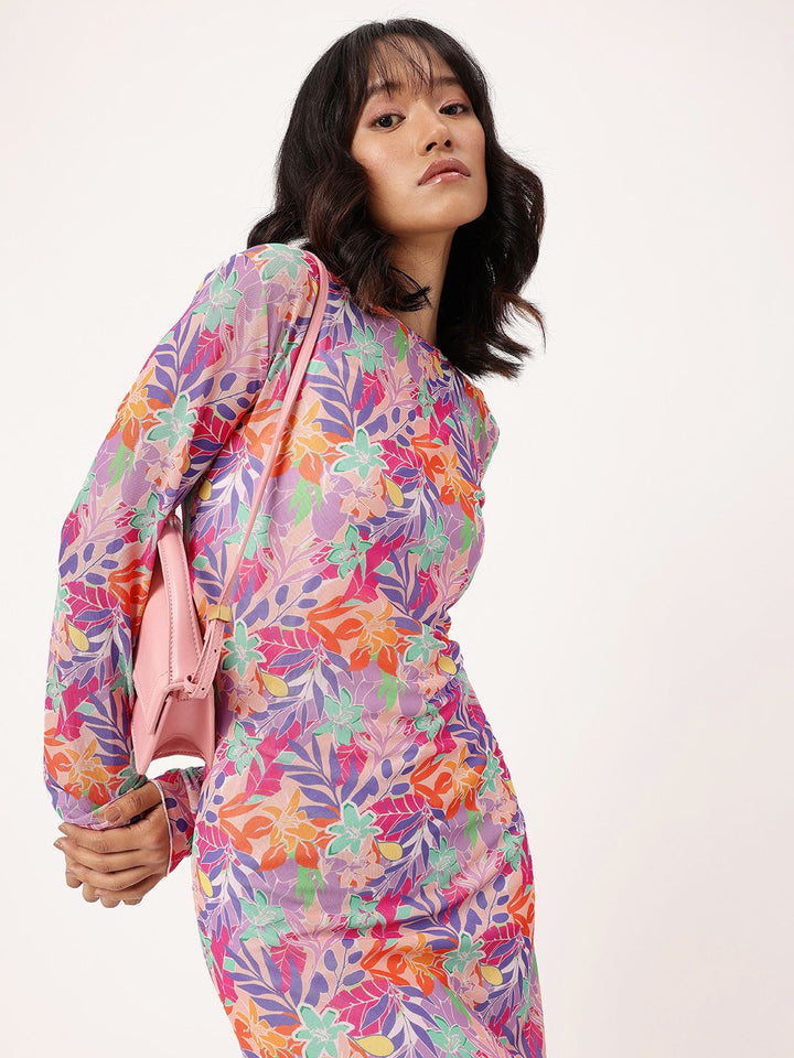 DressBerry Girly Glam Soft Net Floral Printed Sheath Midi Dress Comes With Inner Slip