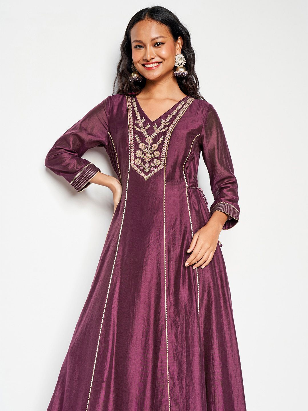 Global Desi V Neck Long Sleeves Ethnic Embroidered A Line Kurta