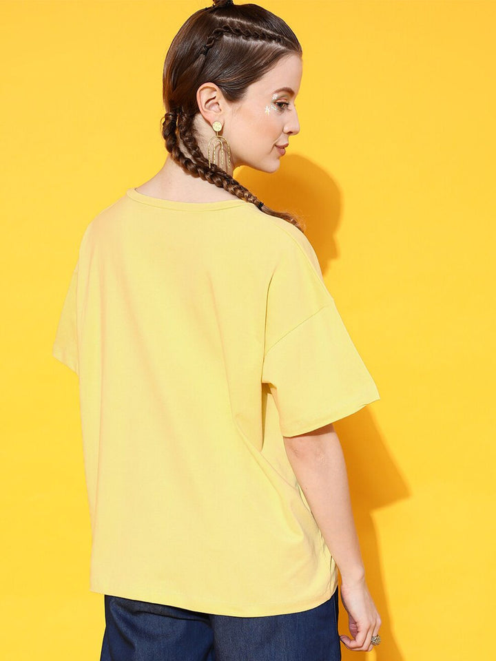 STREET 9 Women Yellow Printed Cotton Drop-Shoulder Sleeves Bio Finish Oversized T-shirt