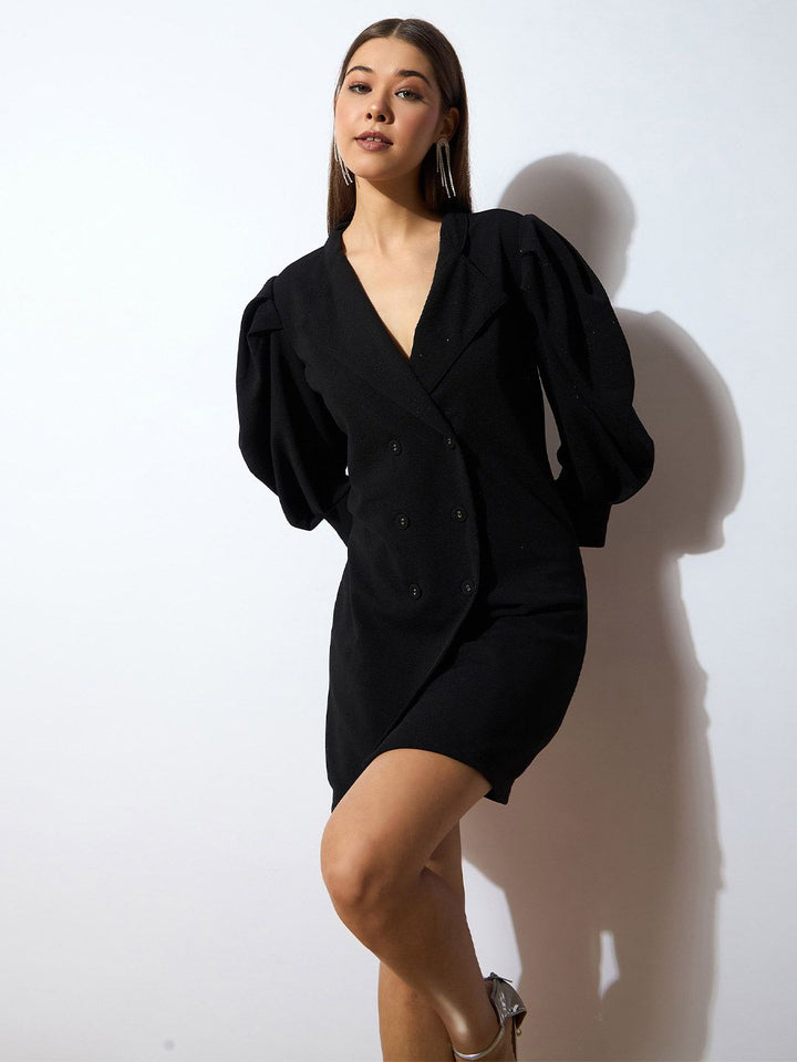 SASSAFRAS Black Self Design V-Neck Puff Sleeves Sheath Dress