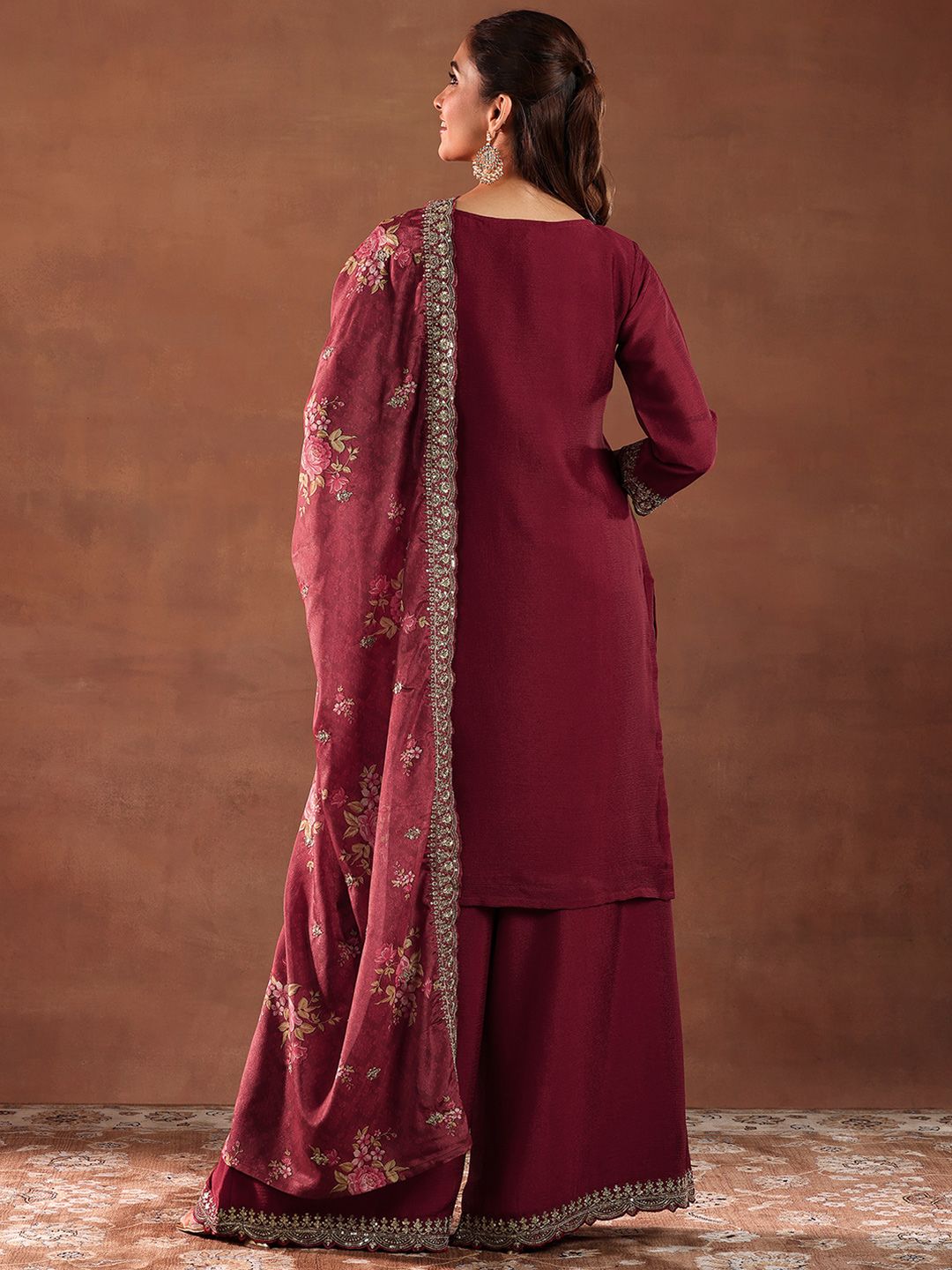 Libas Floral Embroidered Sequinned Straight Kurta with Palazzos & Dupatta