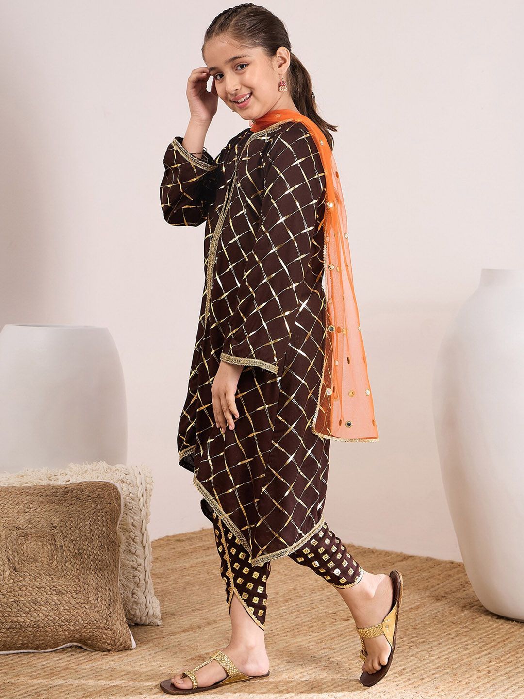 pspeaches Girls Checked V-Neck A-Line Kurta with Dhoti Pants & Dupatta