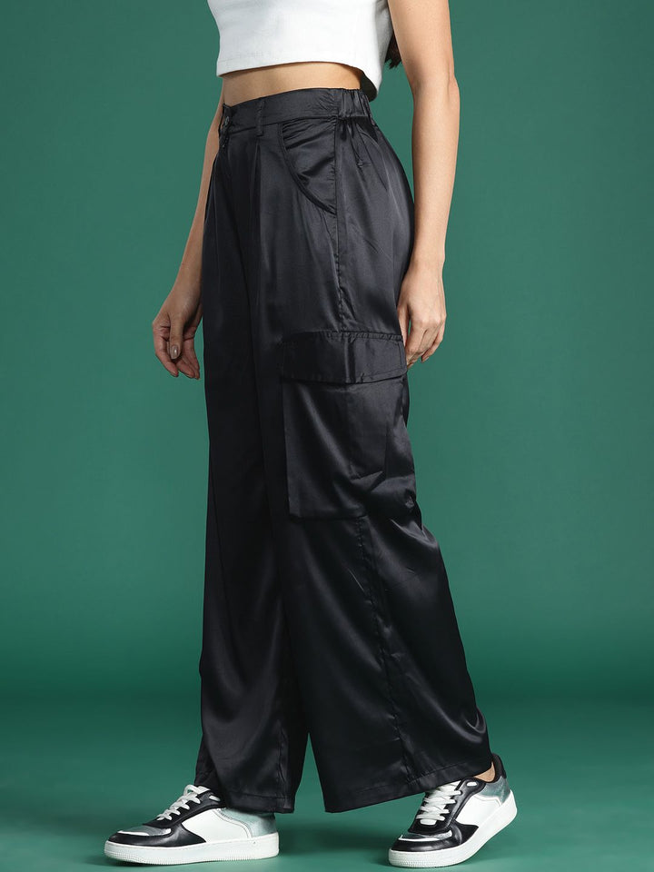 DressBerry Women Satin Finish Cargo Style Pleated Trousers