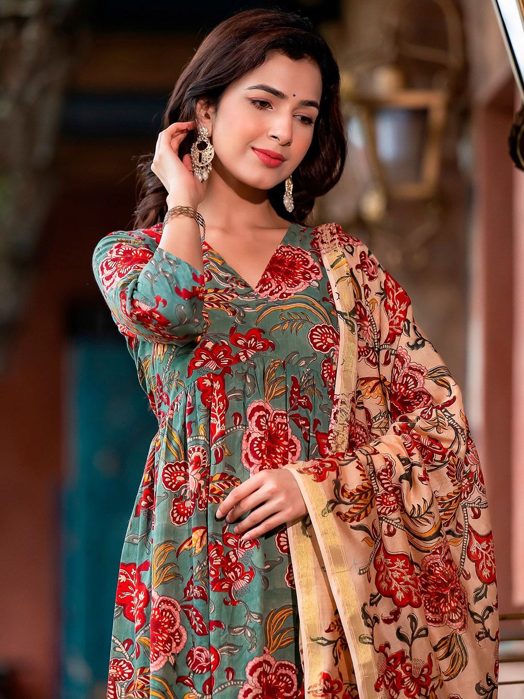 KALINI Floral Printed Empire Kurta with Trousers & Dupatta