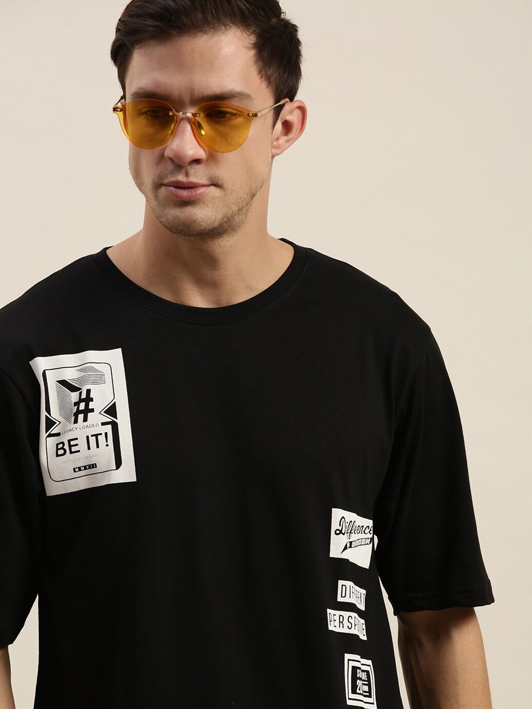 Difference of Opinion Men Black Printed Loose Fit T-shirt