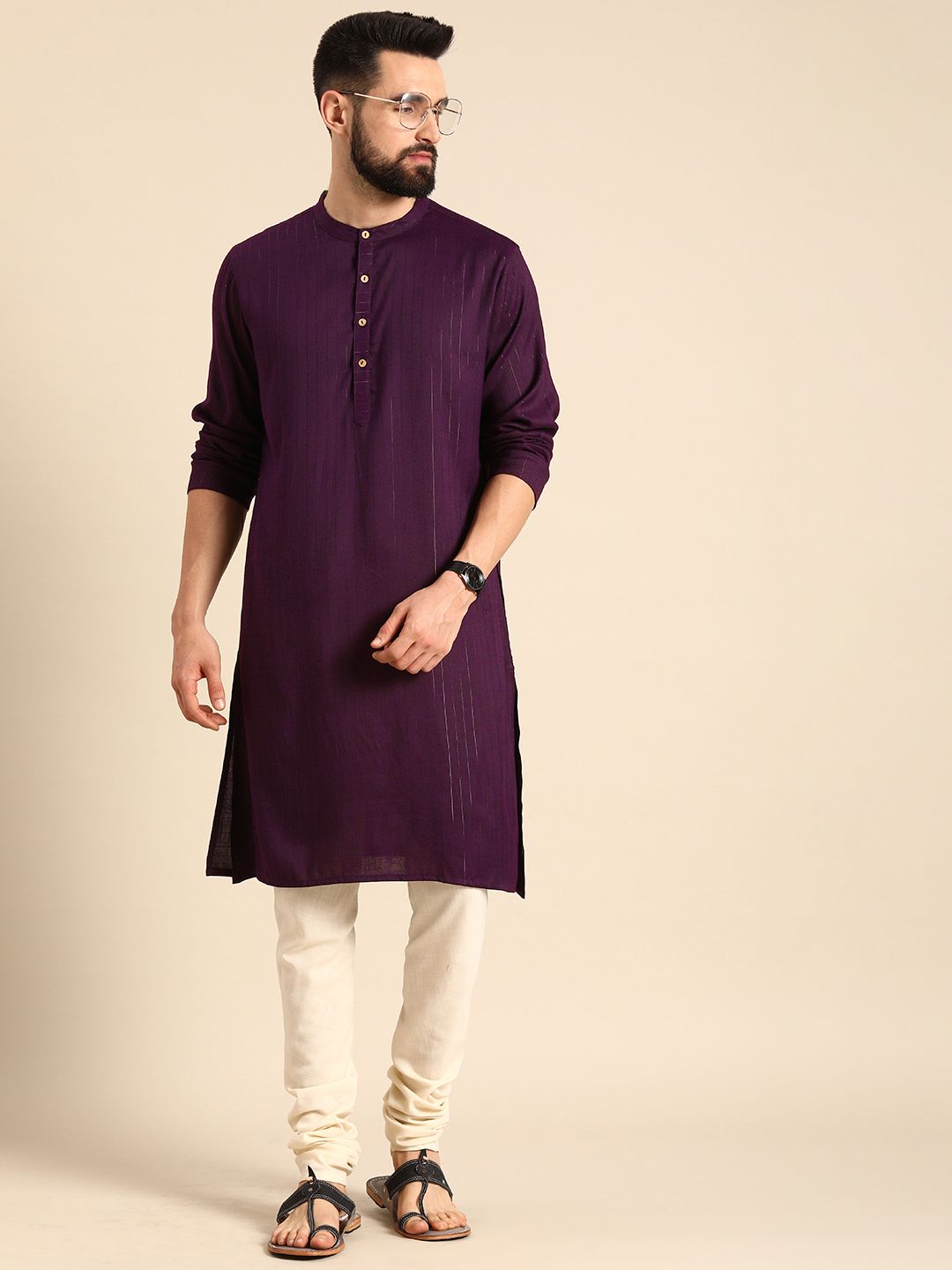 Anouk Men Purple Self-Striped Kurta