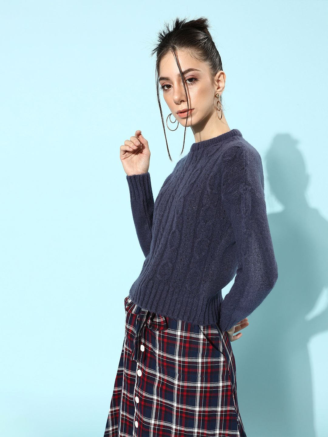STREET 9 Women Navy Blue Cable Knit Acrylic Pullover