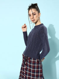 STREET 9 Women Navy Blue Cable Knit Acrylic Pullover