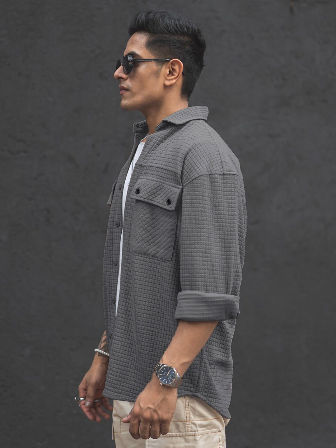 Powerlook India Slim Oversized Textured Self Design Spread Collar Knitted Casual Shirt