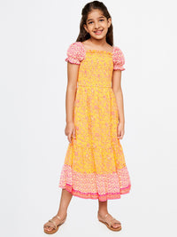 Global Desi Girls Orange Floral A-Line Midi Dress