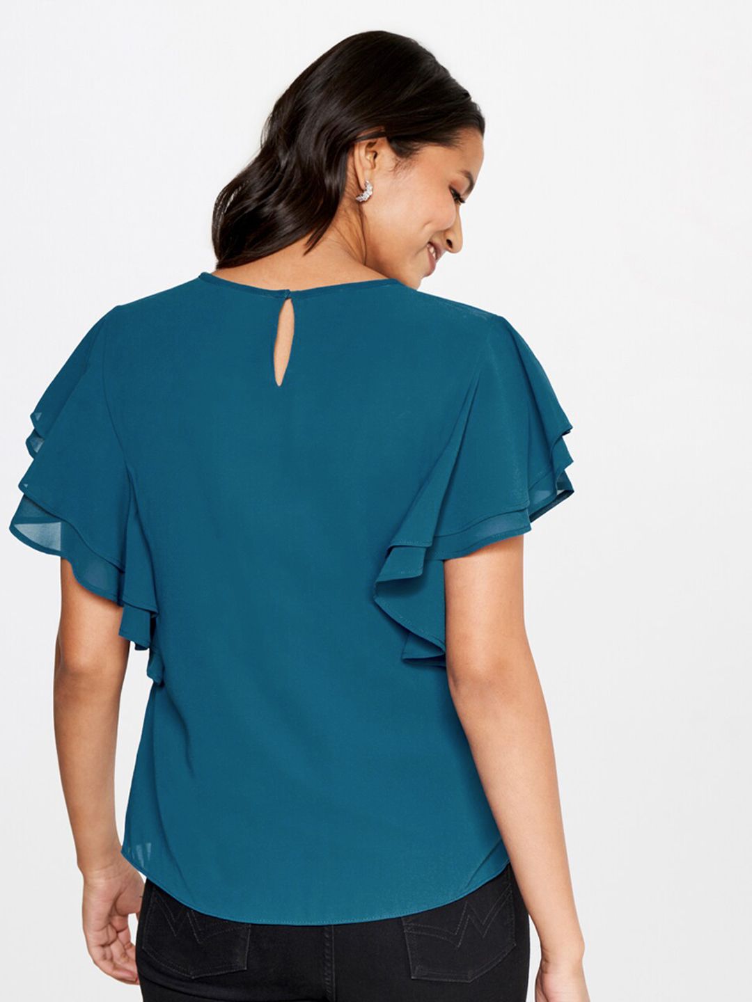 AND Embellished Sequinned Keyhole Neck Flutter Sleeve Top