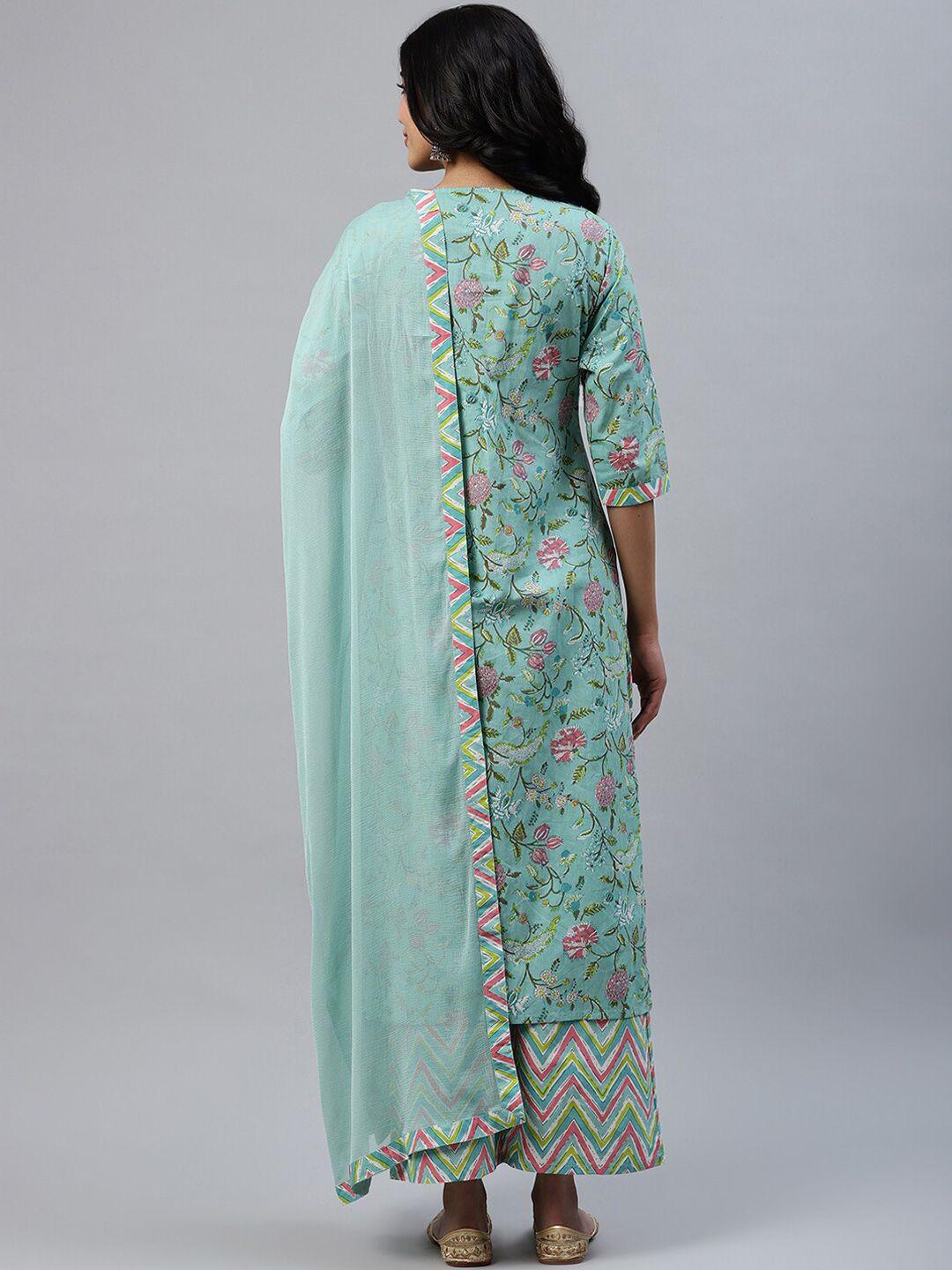Libas Women Sea Green Floral Printed Kurta with Palazzos & Dupatta