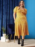 CURVY STREET Plus Size Floral Printed Square Neck Gathered Flounce A-Line Dress