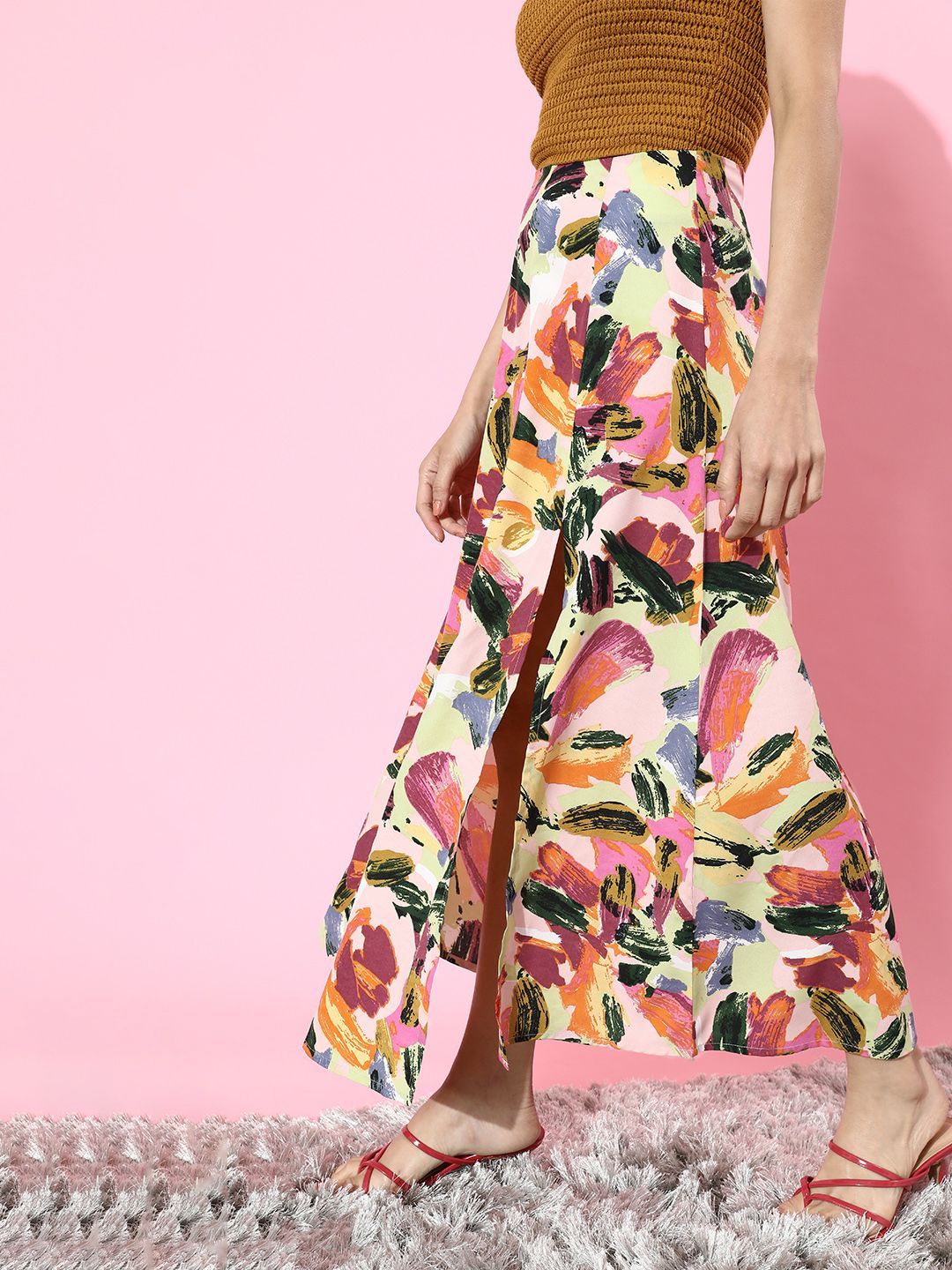 Berrylush Women Pretty Pink Abstract Crepe Skirt