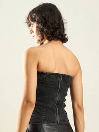 SASSAFRAS Black Strapless Washed Cotton Denim Tube Top