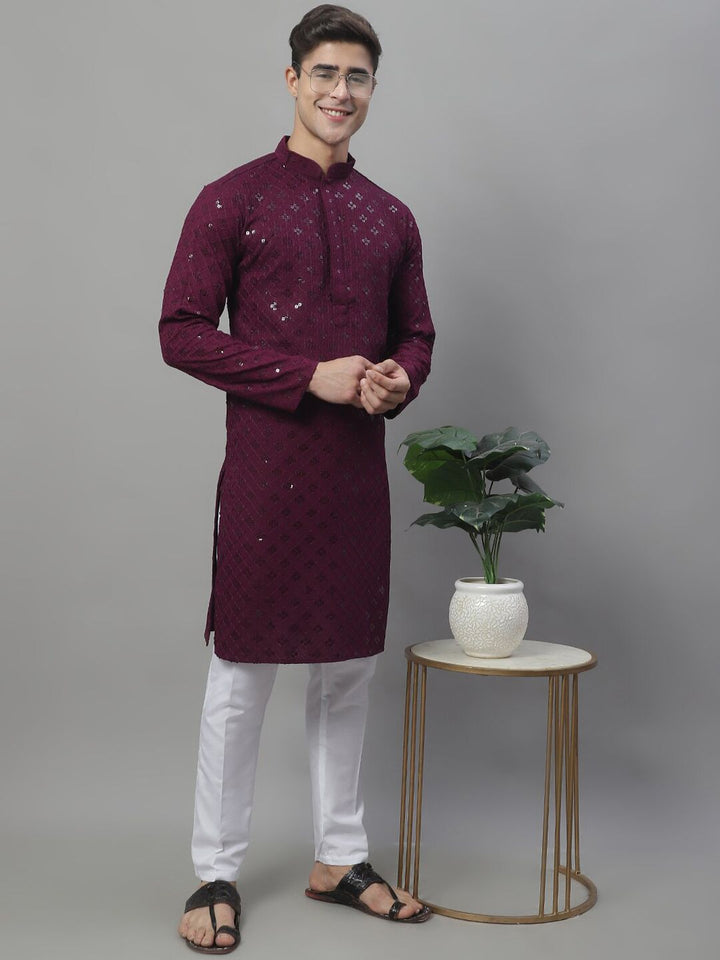 Jompers Mandarin Collar Ethnic Motifs Chikankari Sequined Kurta
