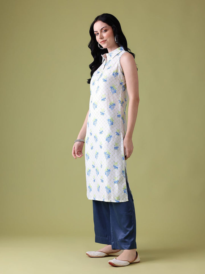 Anouk Conversational Printed Lace Insert Detail Shirt Collar Calf-Length Straight Kurta