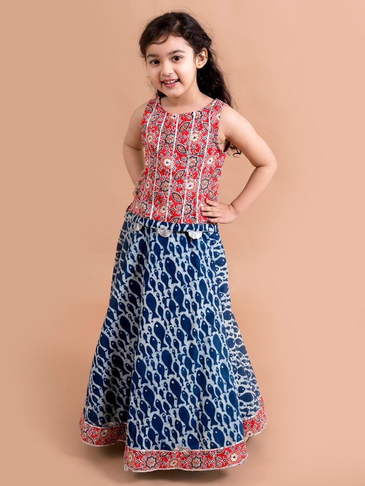 pspeaches Girls Blue & Red Printed Ready to Wear Lehenga &