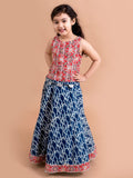 pspeaches Girls Blue & Red Printed Ready to Wear Lehenga &