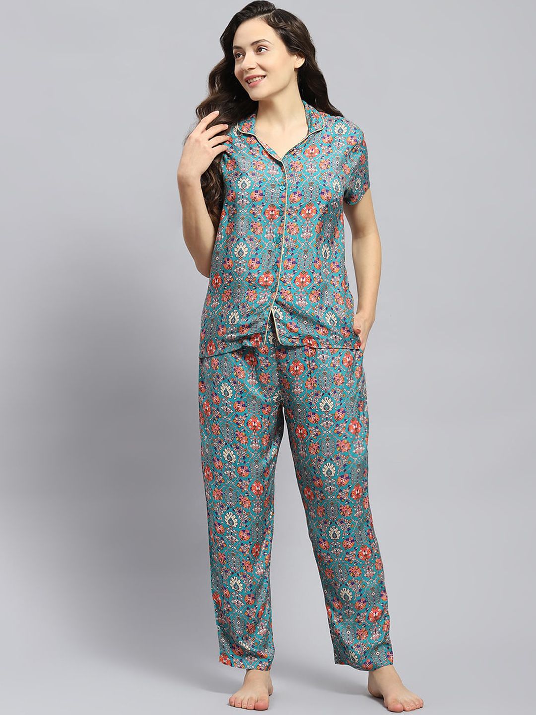 Monte Carlo Floral Printed Lapel Collar Night suit