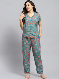 Monte Carlo Floral Printed Lapel Collar Night suit