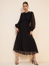 Antheaa Black Puff Sleeve Embellished Detail Fit & Flare Dress