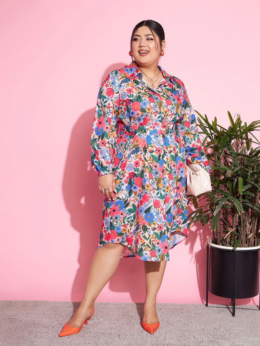 SASSAFRAS Curve Blue & Pink Plus Size Floral Printed Puff Sleeves Belted Shirt Dress