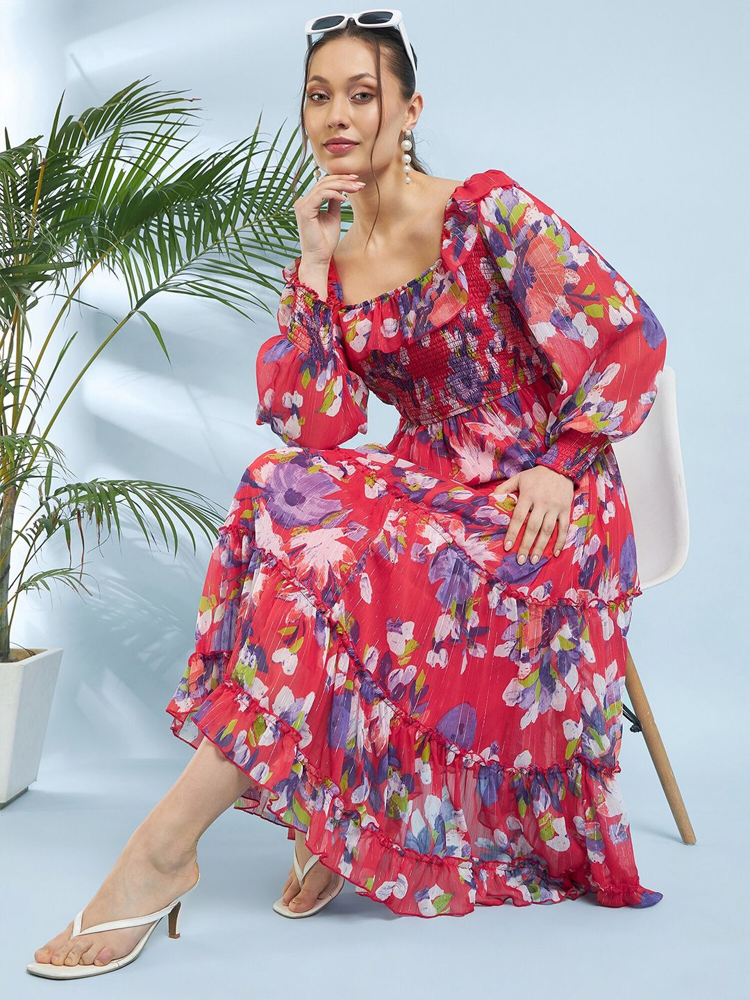 Antheaa Floral Printed Puff Sleeve Chiffon A-Line Midi Dress