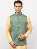 Jompers Men Green & Gold-Coloured Woven-Design Nehru Jacket