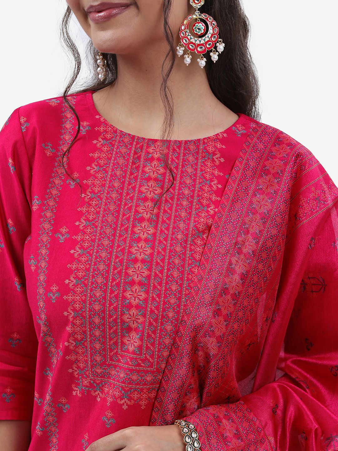 Vishudh Pink & Blue Ethnic Motifs Printed Straight Kurta with Trousers & With Dupatta