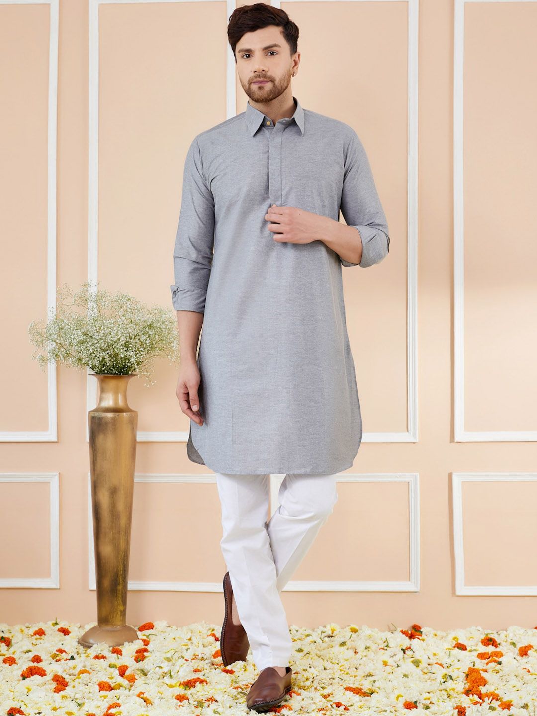 See Designs Shirt Collar Long Sleeves Pure Cotton Pathani Kurta With Pyjamas