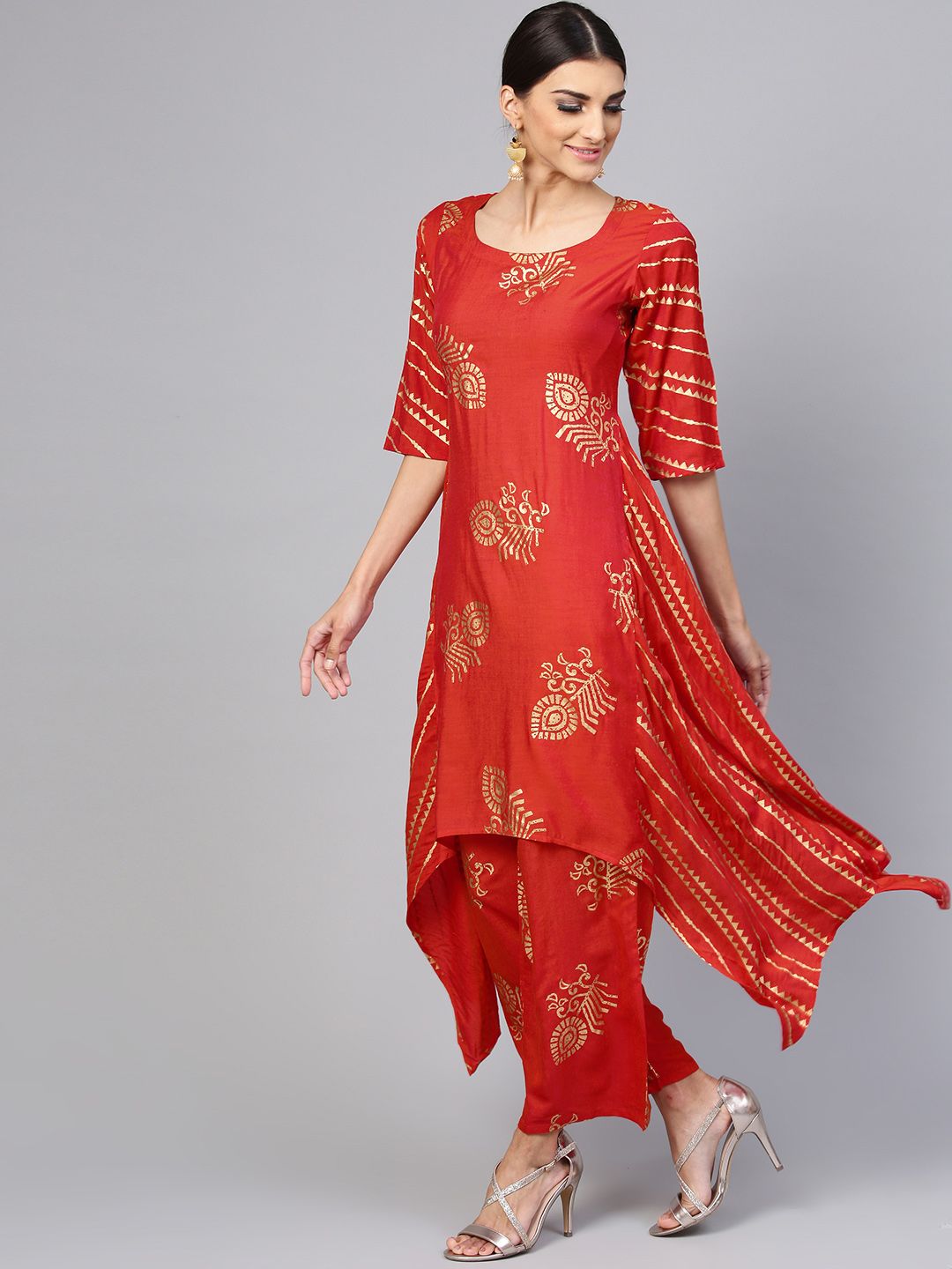 Libas Women Red & Golden Printed Kurta with Palazzos