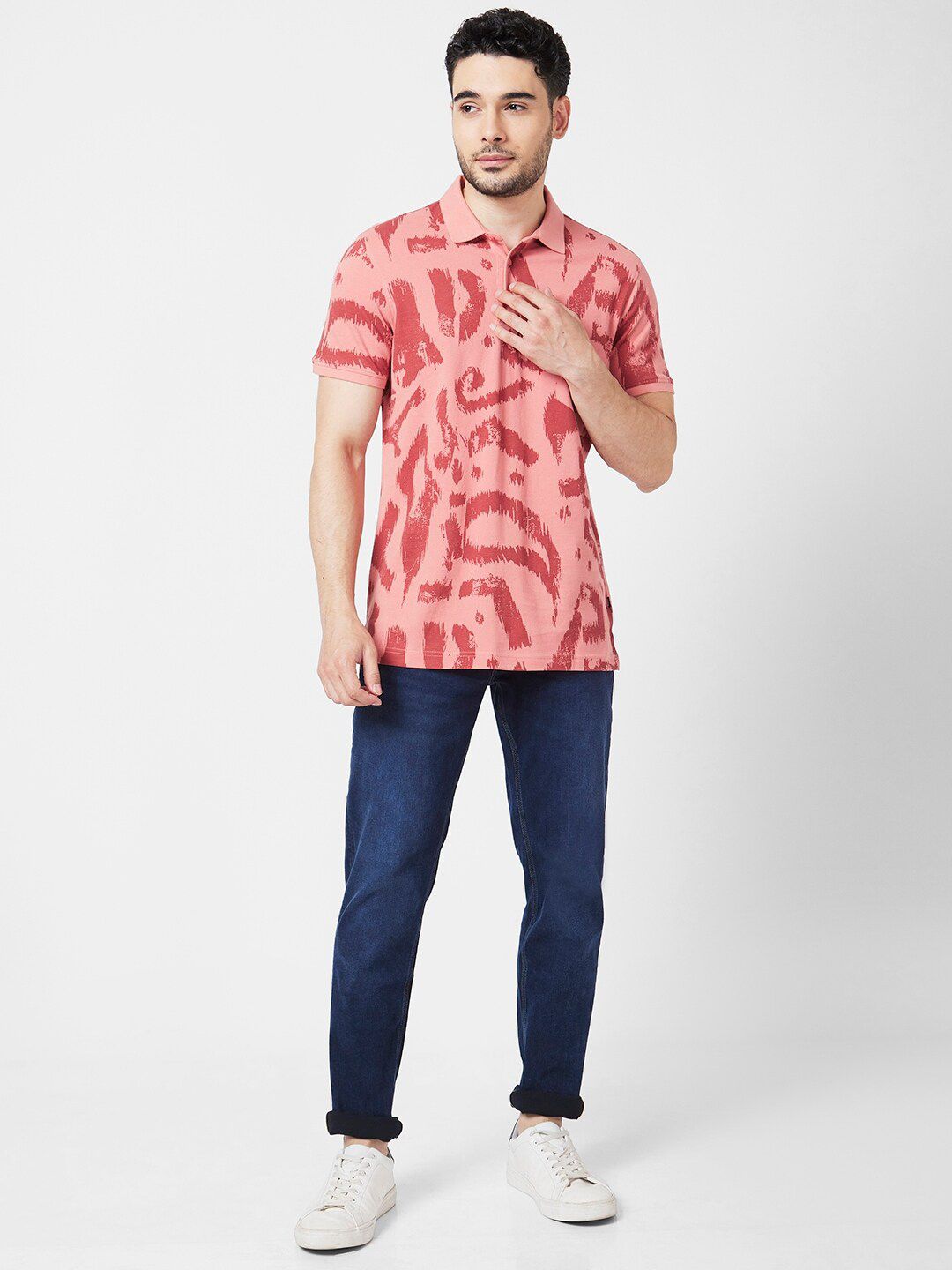 SPYKAR Abstract Printed Polo Collar Slim Fit Cotton Casual T-Shirt