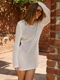 SASSAFRAS Women Off-White Crochet V-Neck Full Sleeve Short Beach Cover-up Dress