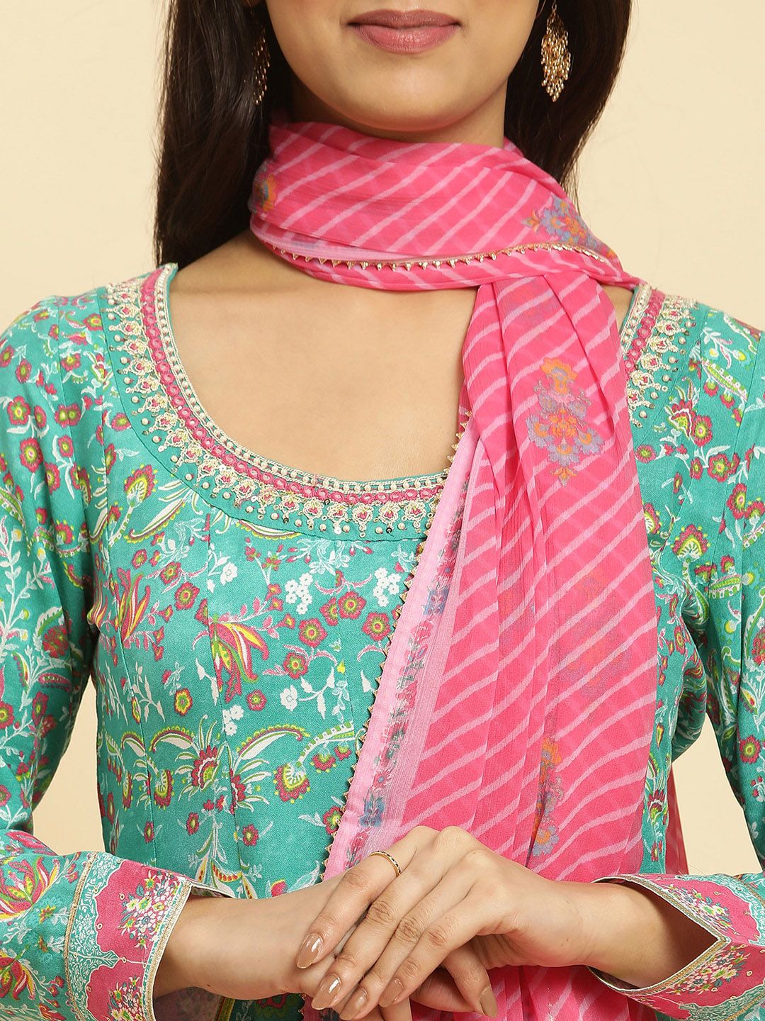 W Green Floral Printed Anarkali Thread Work Kurta With Leggings And Dupatta