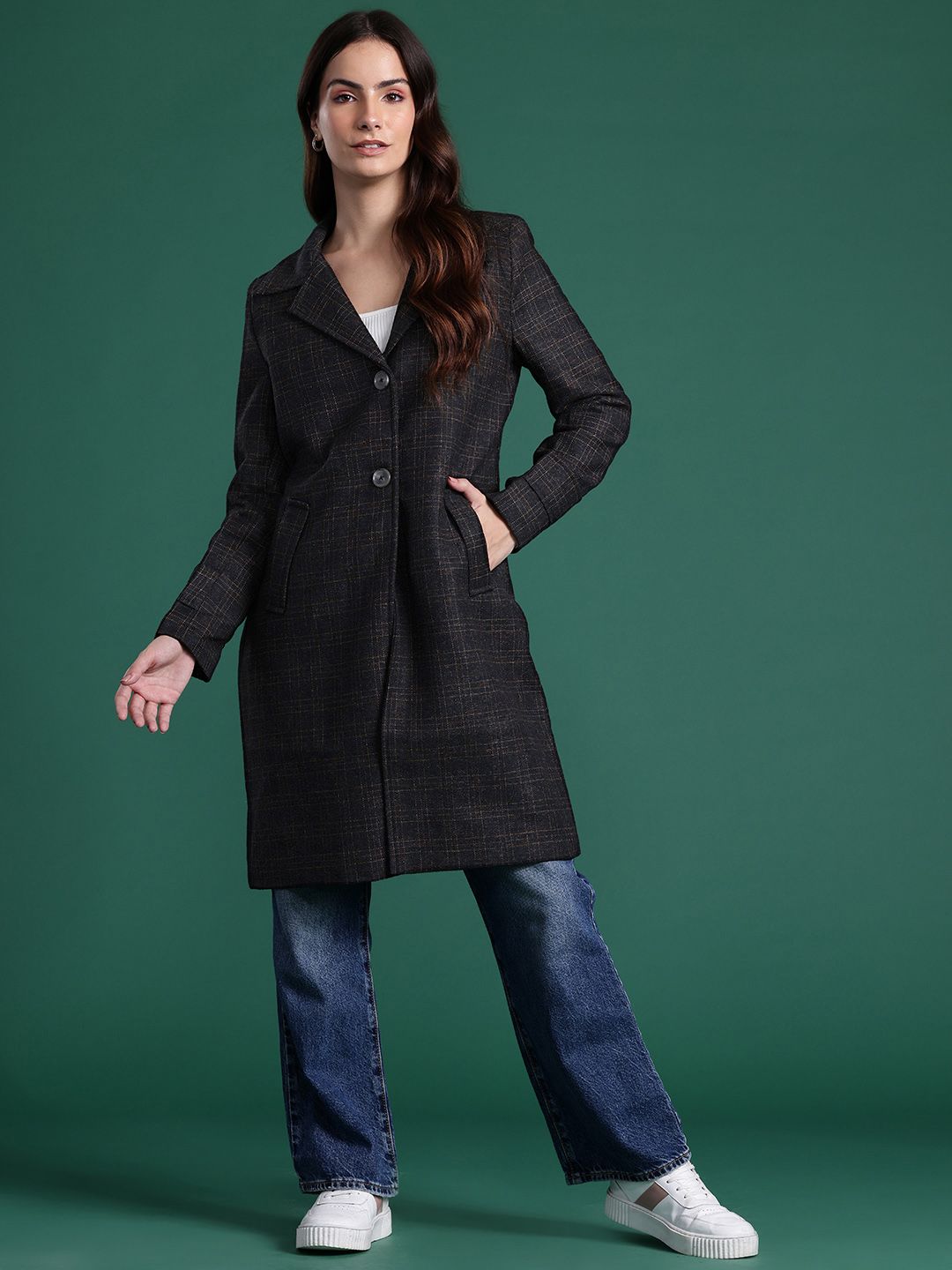 DressBerry Checked Single-Breasted Longline Overcoat