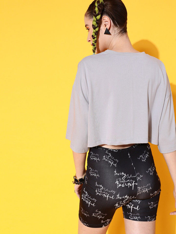 STREET 9 Women Grey Printed Cotton Drop-Shoulder Sleeves Bio Finish Boxy T-shirt