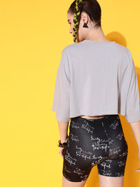 STREET 9 Women Grey Printed Cotton Drop-Shoulder Sleeves Bio Finish Boxy T-shirt