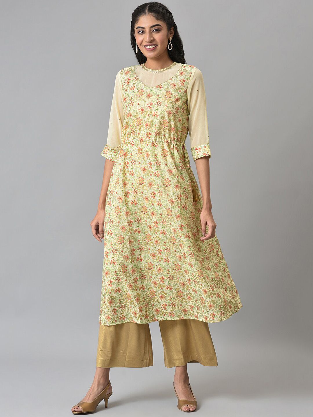 AURELIA Women Beige Floral Printed Anarkali Kurta