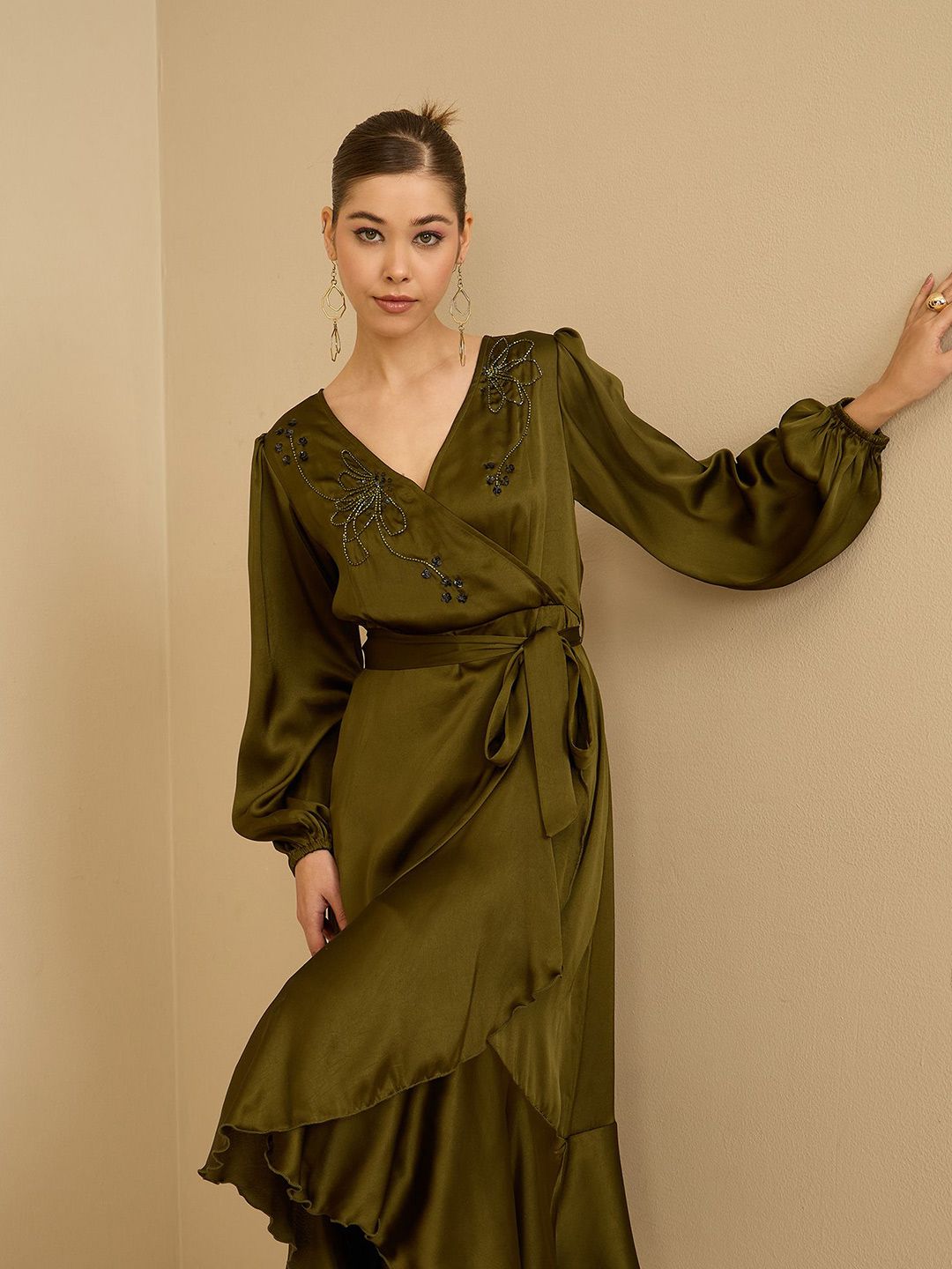 Antheaa Puff Sleeve Satin Embellished Wrap Midi Dress
