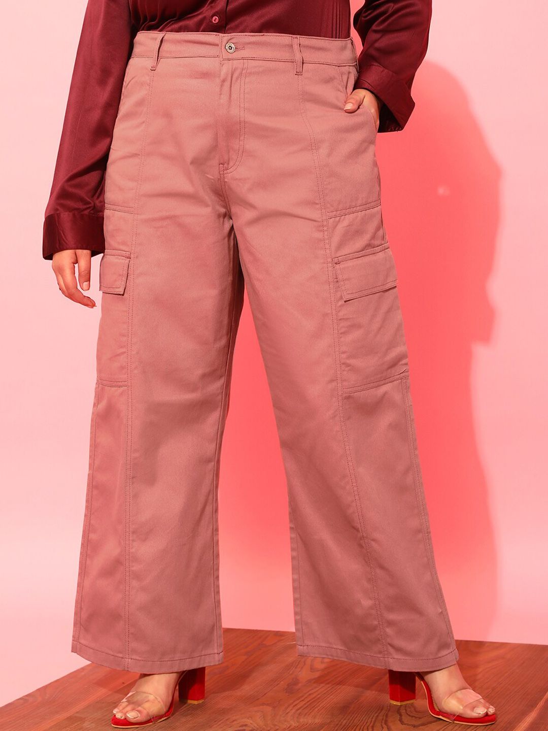 CURVY STREET Women Plus Size Pink Relaxed Straight Leg Pure Cotton Trousers