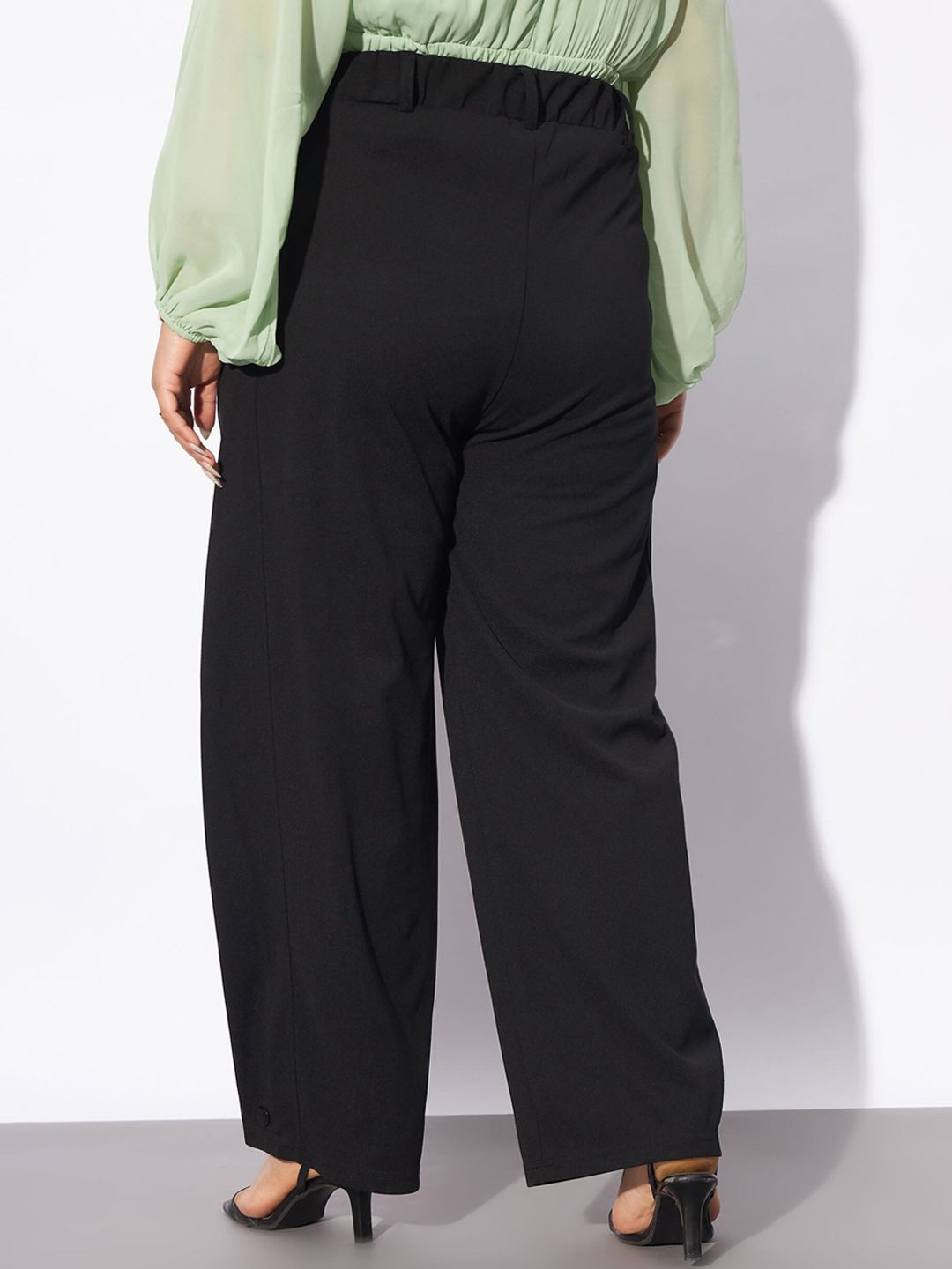 SASSAFRAS Curve Women Plus Size Black Straight Fit Hem Button Detail Parallel Trousers