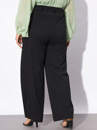 SASSAFRAS Curve Women Plus Size Black Straight Fit Hem Button Detail Parallel Trousers
