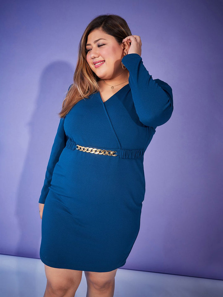 SASSAFRAS Plus Size V-Neck Belted Bodycon Dress