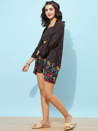 Berrylush Black Printed Top & Shorts With Shrug