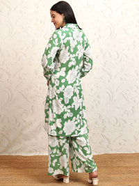Vishudh Green Floral Printed Pure Cotton Longline Shirt With Palazzos