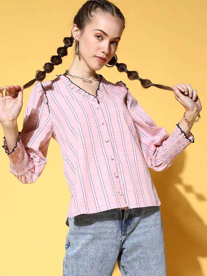 Antheaa Women Pure Cotton Pretty Pink Checked Summer Gingham Top